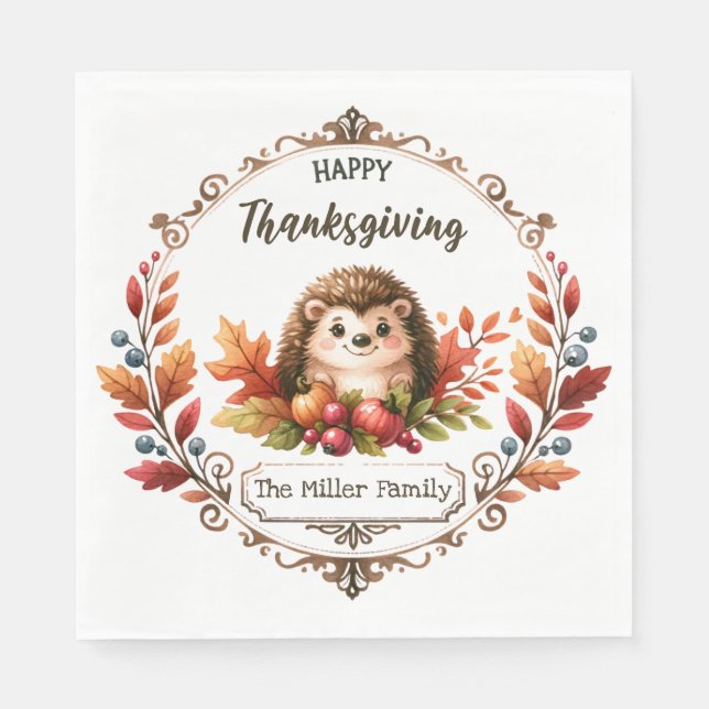Personalised Cute Hedgehog Happy Thanksgiving  Napkin (Front)