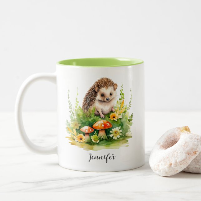 Personalised Cute Hedgehog Two-Tone Coffee Mug (With Donut)
