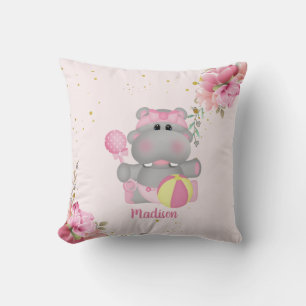 Personalised Cute Hippo Pink and Gold Floral Cushion