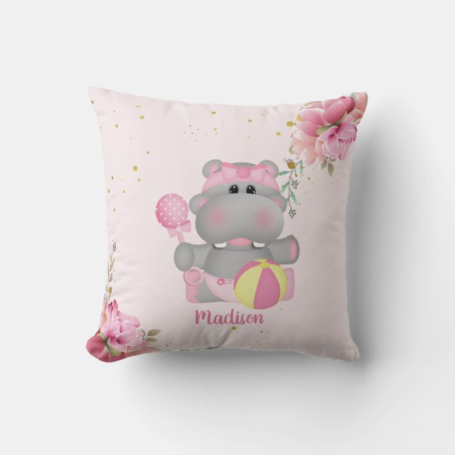 Personalised Cute Hippo Pink and Gold Floral  Cushion (Front)