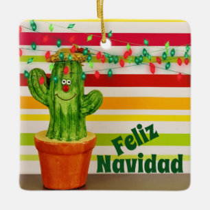 Personalised Cute Holiday Cactus Feliz Navidad Ceramic Ornament