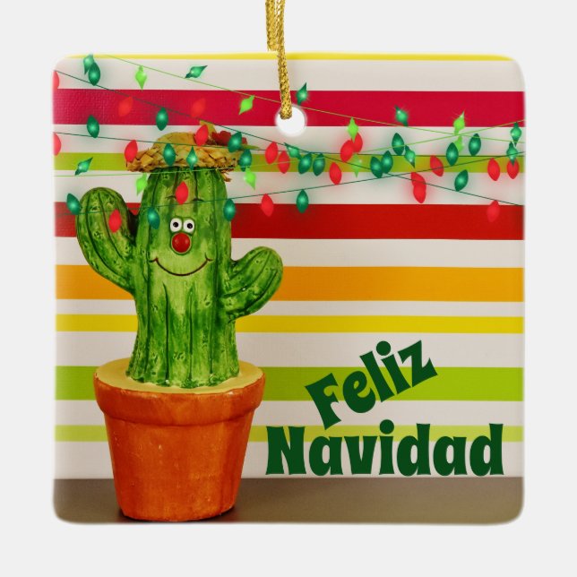 Personalised Cute Holiday Cactus Feliz Navidad Ceramic Ornament (Front)