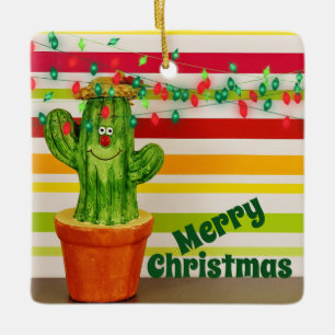 Personalised Cute Holiday Cactus Merry Christmas Ceramic Ornament