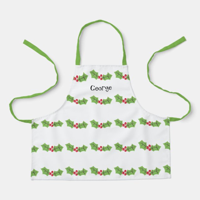 Personalised Cute Holly & Berries Christmas Apron (Front)