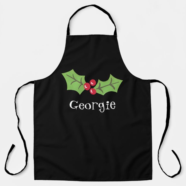 Personalised Cute Holly & Berries Christmas Apron (Front)