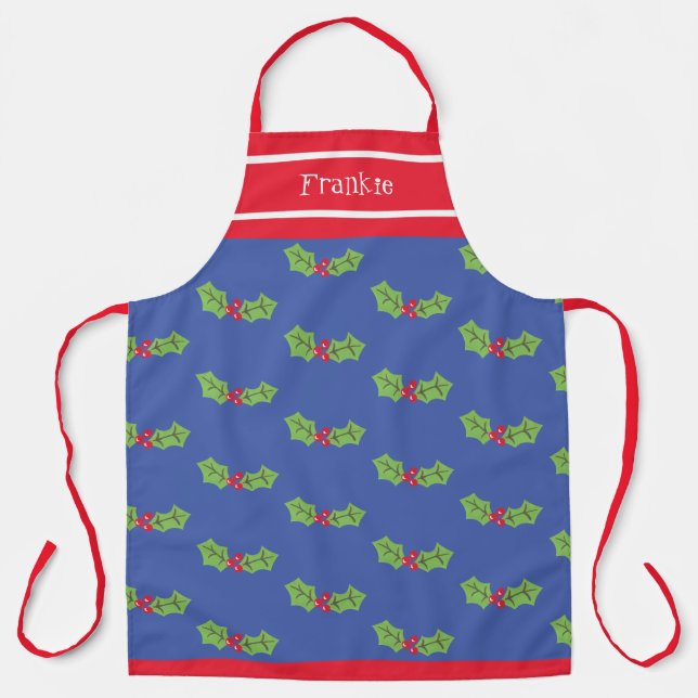 Personalised Cute Holly & Berries Christmas Apron (Front)
