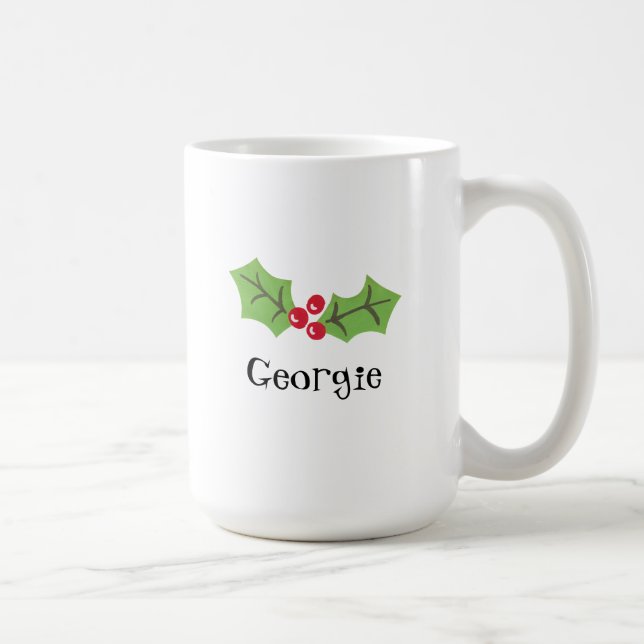 Personalised Cute Holly & Berries Christmas Coffee Mug (Right)