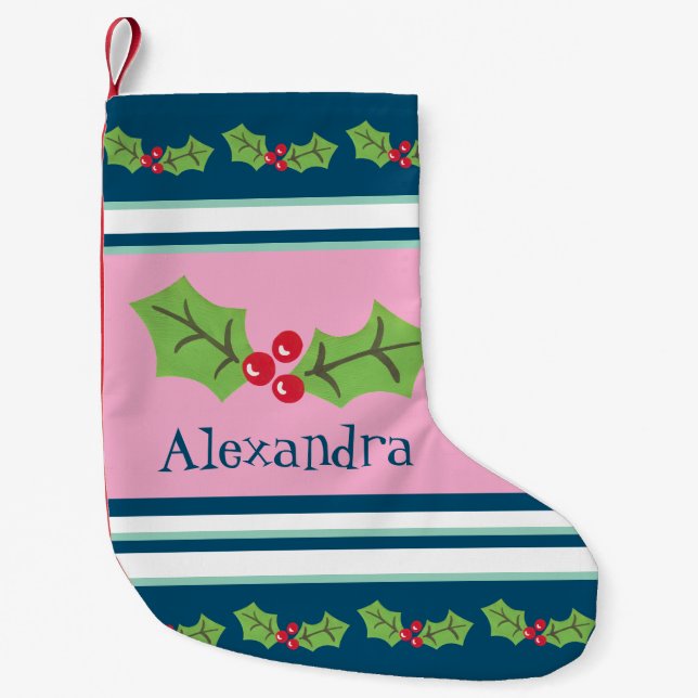 Personalised Cute Holly & Berries Small Christmas Stocking (Front)