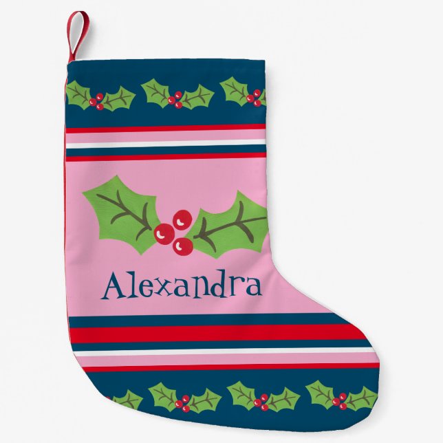 Personalised Cute Holly & Berries Small Christmas Stocking (Front)