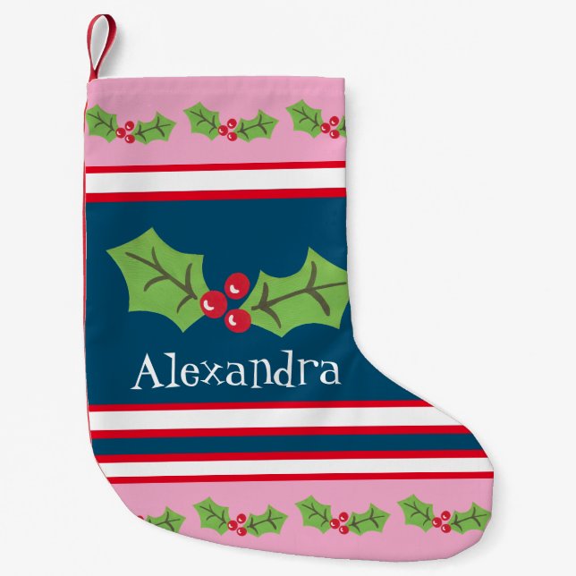 Personalised Cute Holly & Berries Small Christmas Stocking (Front)