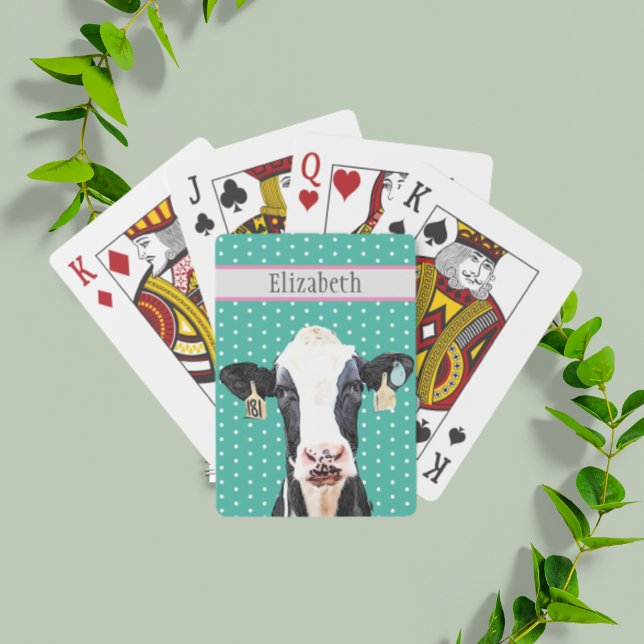 Personalised Cute Holstein Dairy Cow Animal Name  Playing Cards (Holstein cow playing cards on a pretty blue teal background.)