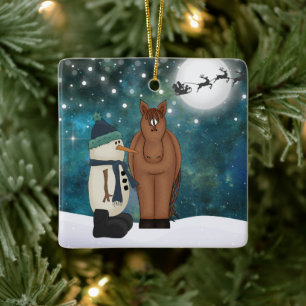 Personalised Cute Horse and Snowman Christmas Ceramic Ornament