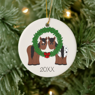 Personalised Cute Horse Couple Christmas Wreath Ceramic Tree Decoration