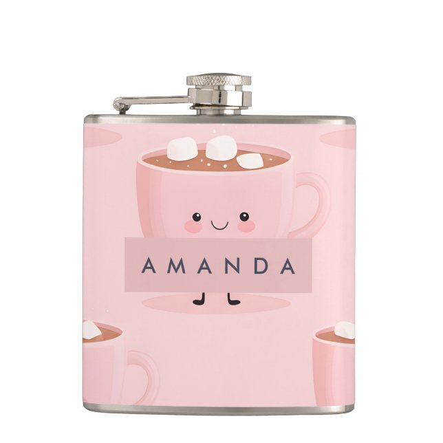 Personalised Cute Hot Cocoa with Marshmallows Hip Flask (Front)