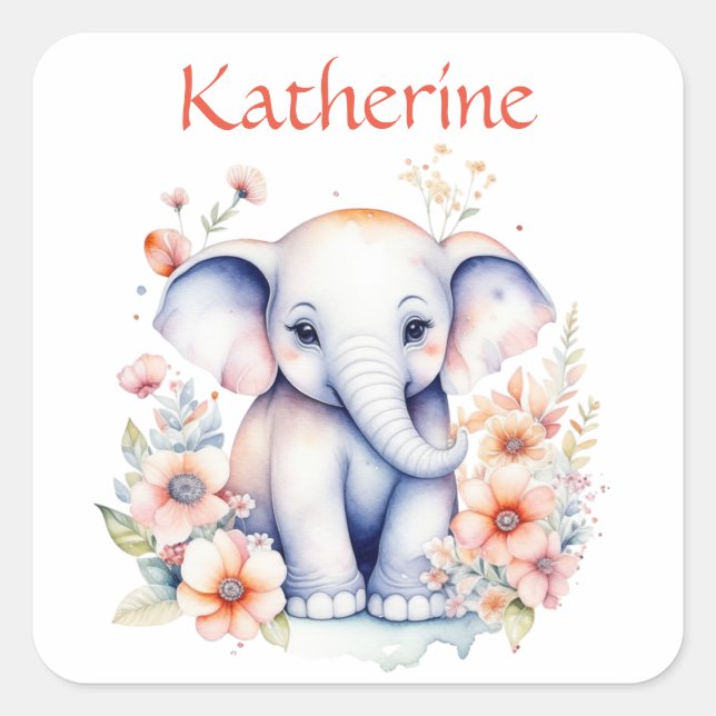 Personalised Cute Illustration of a Baby Elephant Square Sticker (Front)