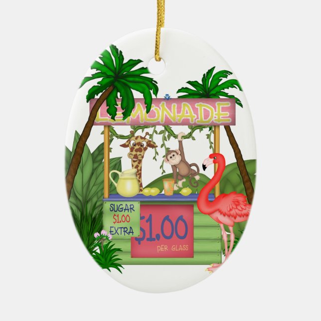 Personalised Cute Jungle Animals Lemonade Stand Ceramic Tree Decoration (Front)