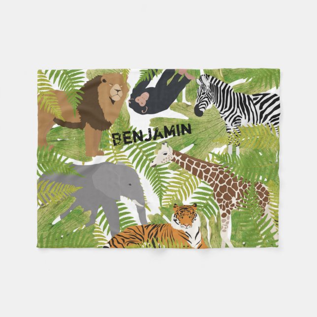 Personalised Cute Jungle Animals Safari Boy | Girl Fleece Blanket (Front (Horizontal))