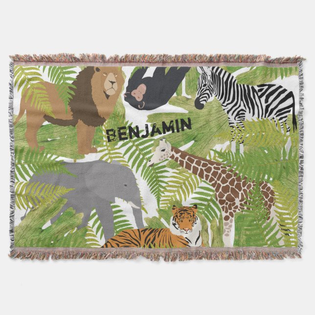 Personalised Cute Jungle Animals Safari Boy | Girl Throw Blanket (Front)