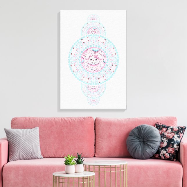 Personalised Cute Kawaii Bunny Ornamental Mandala Canvas Print (Insitu(LivingRoom))