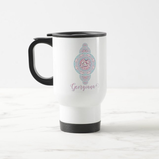 Personalised Cute Kawaii Bunny Ornamental Mandala Travel Mug (Left)