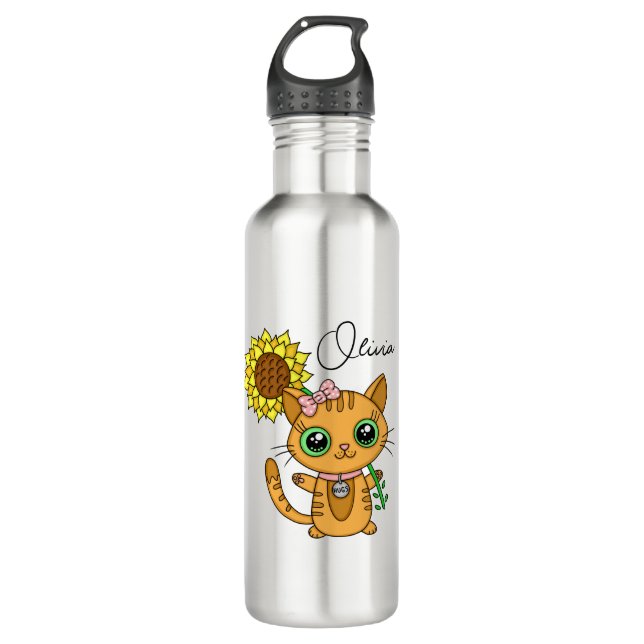 Personalised Cute Kawaii Cat Holding Flower   710 Ml Water Bottle (Front)