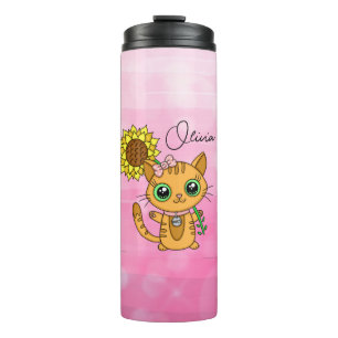 Personalised Cute Kawaii Cat Holding Flower  Thermal Tumbler