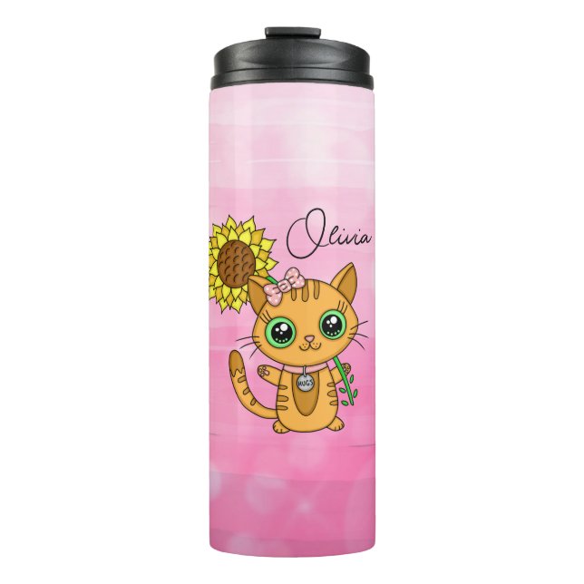 Personalised Cute Kawaii Cat Holding Flower  Thermal Tumbler (Front)