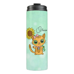 Personalised Cute Kawaii Cat Holding Flower  Thermal Tumbler