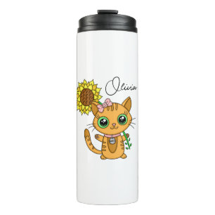 Personalised Cute Kawaii Cat Holding Flower Thermal Tumbler
