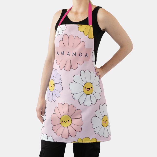 Personalised Cute Kawaii Pastel Daisy Flower Faces Apron (Insitu)