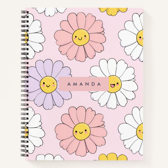 Personalised Cute Kawaii Pastel Daisy Flower Faces Notebook (Front)