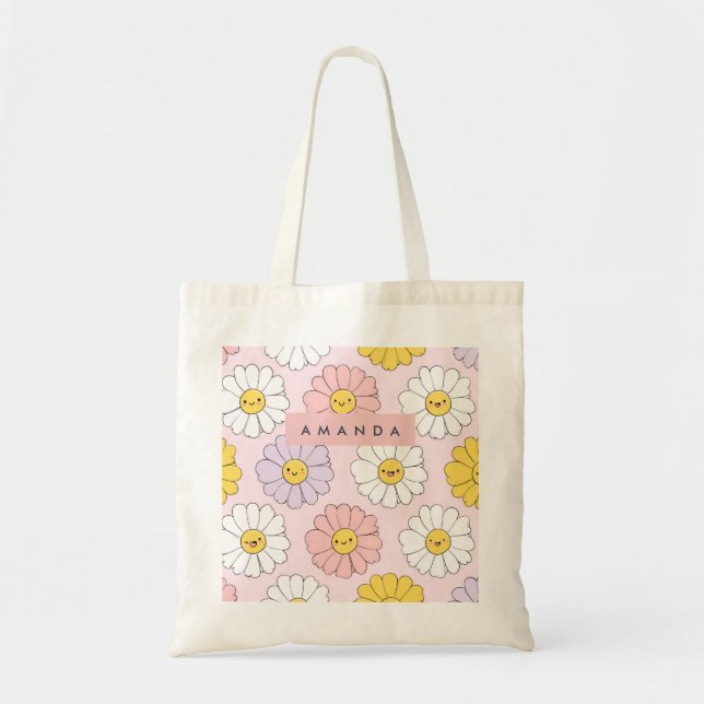 Personalised Cute Kawaii Pastel Daisy Flower Faces Tote Bag (Front)