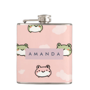Personalised Cute Kawaii Pastel Frog Design Pink Hip Flask
