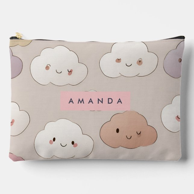 Personalised Cute Kawaii Pastel Smiling Clouds Accessory Pouch (Front)