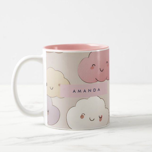 Personalised Cute Kawaii Pastel Smiling Clouds Two-Tone Coffee Mug (Left)