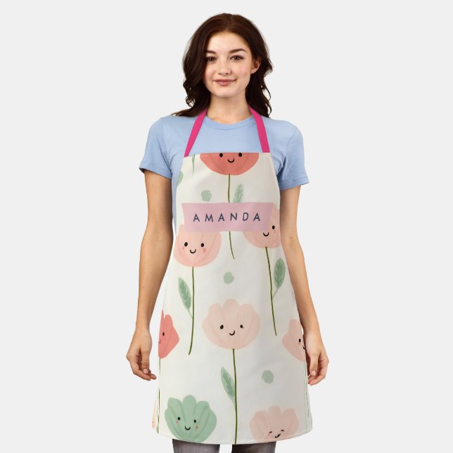 Personalised Cute Kawaii Pastel Smiling Flower  Apron (Worn)