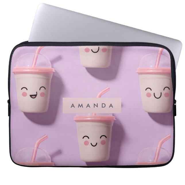Personalised Cute Kawaii Pastel Smoothie Cup Faces Laptop Sleeve (Front)