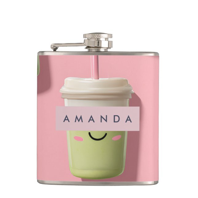 Personalised Cute Kawaii Pastel Smoothie Matcha Hip Flask (Front)