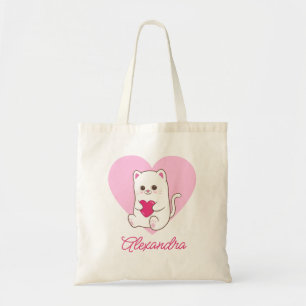 Personalised Cute Kawaii Pink Heart Cat Love Tote Bag