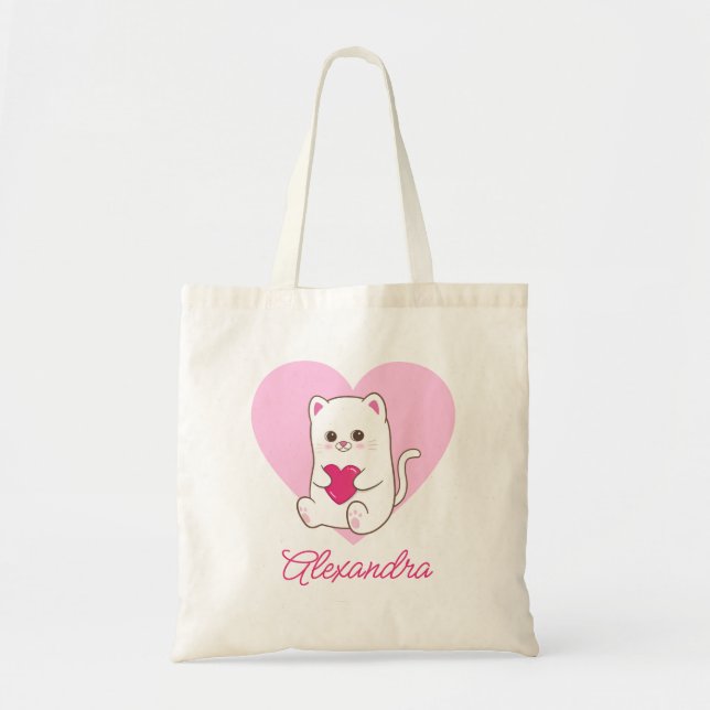 Personalised Cute Kawaii Pink Heart Cat Love Tote Bag (Front)