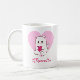 Personalised Cute Kawaii Pink Heart Cat Name Coffee Mug