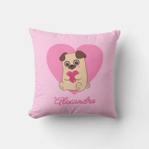 Personalised Cute Kawaii Pink Heart Pug Baby Name Cushion