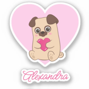 Personalised Cute Kawaii Pink Heart Pug Name