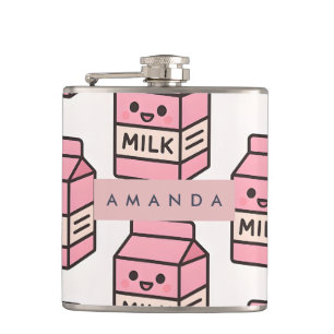 Personalised Cute Kawaii Pink Milk Carton Design Hip Flask