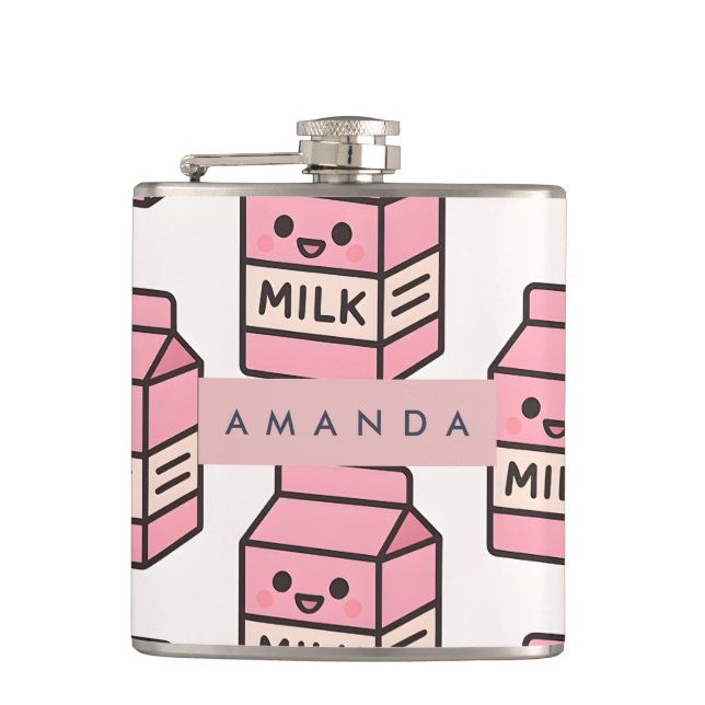 Personalised Cute Kawaii Pink Milk Carton Design Hip Flask (Front)