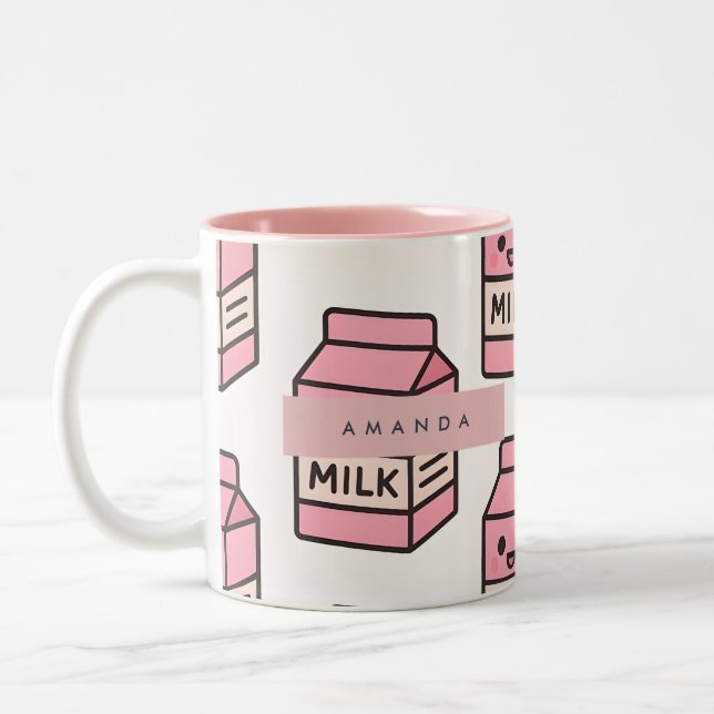 Personalised Cute Kawaii Pink Milk Carton Design Two-Tone Coffee Mug (Left)