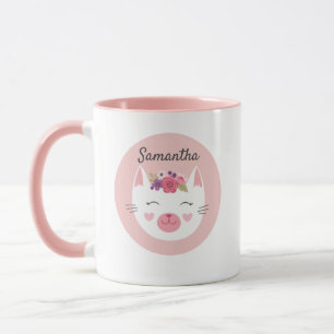 Personalised Cute Kids Pink Valentine Cat Mug