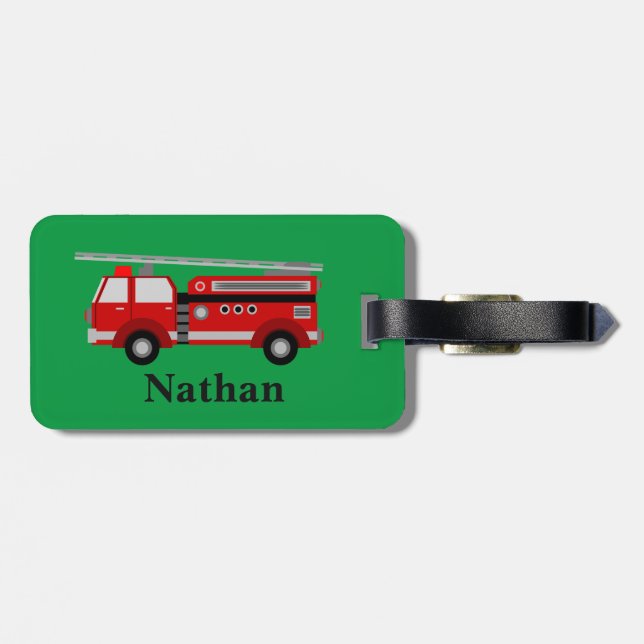 Personalised Cute Kids Red Firetruck Green Luggage Tag (Back Horizontal)