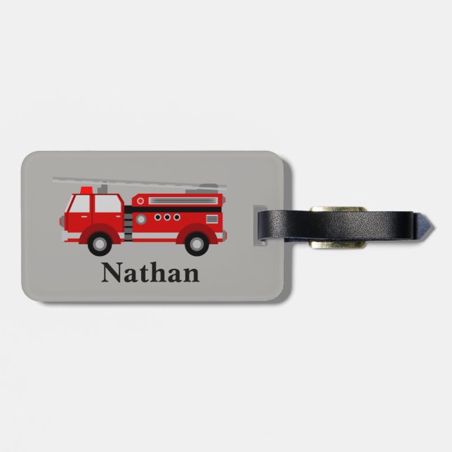 Personalised Cute Kids Red Firetruck luggage tag (Back Horizontal)
