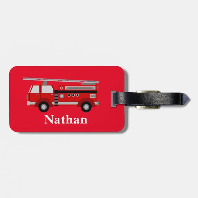 Personalised Cute Kids Red Firetruck luggage tag (Back Horizontal)